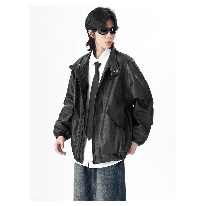 QICHE Men American Cleanfit Biker Faux Leather Jacket Sophisticated Minimalist Cool Outerwear For Winter