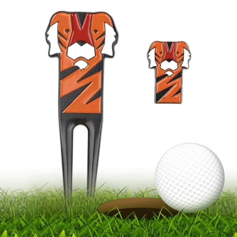 Golf Divot Repair Tool with Golf Ball Marker Anti-Scratch Cartoon Tiger Pattern Golf Pitch Repairer Divot Tool Golf Accessory