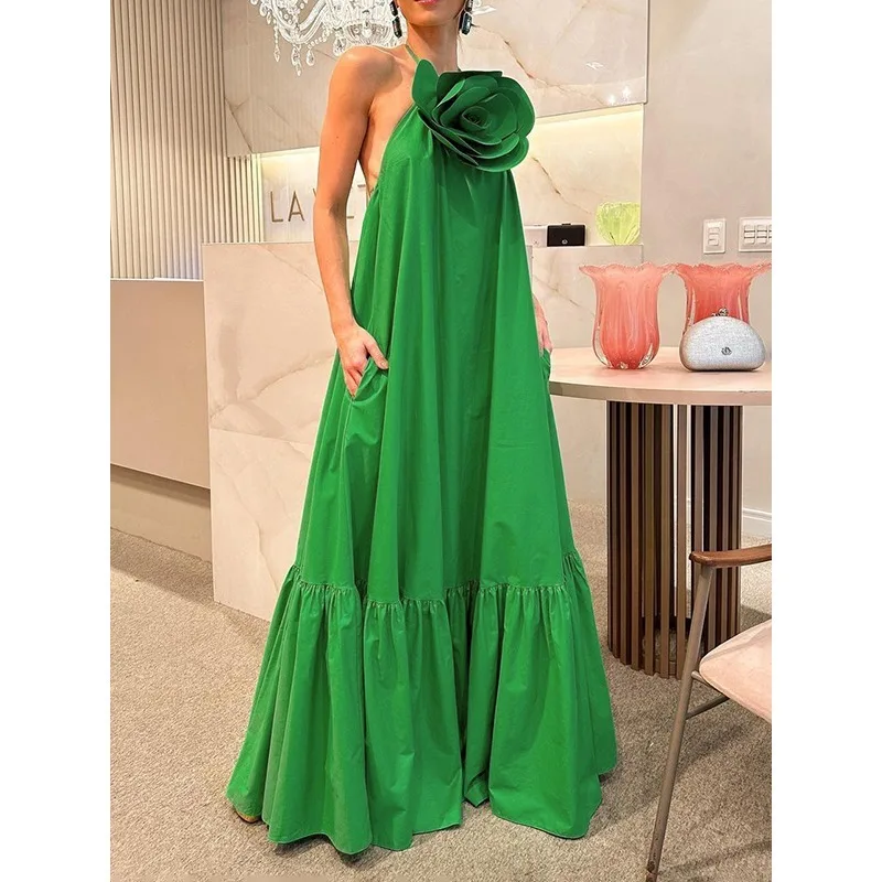 Green Halter-Neck Floor-length Dresses Women 2025 Stylish 3D Flower Sexy Backless Holiday Cocktail Party Elegant Dresses