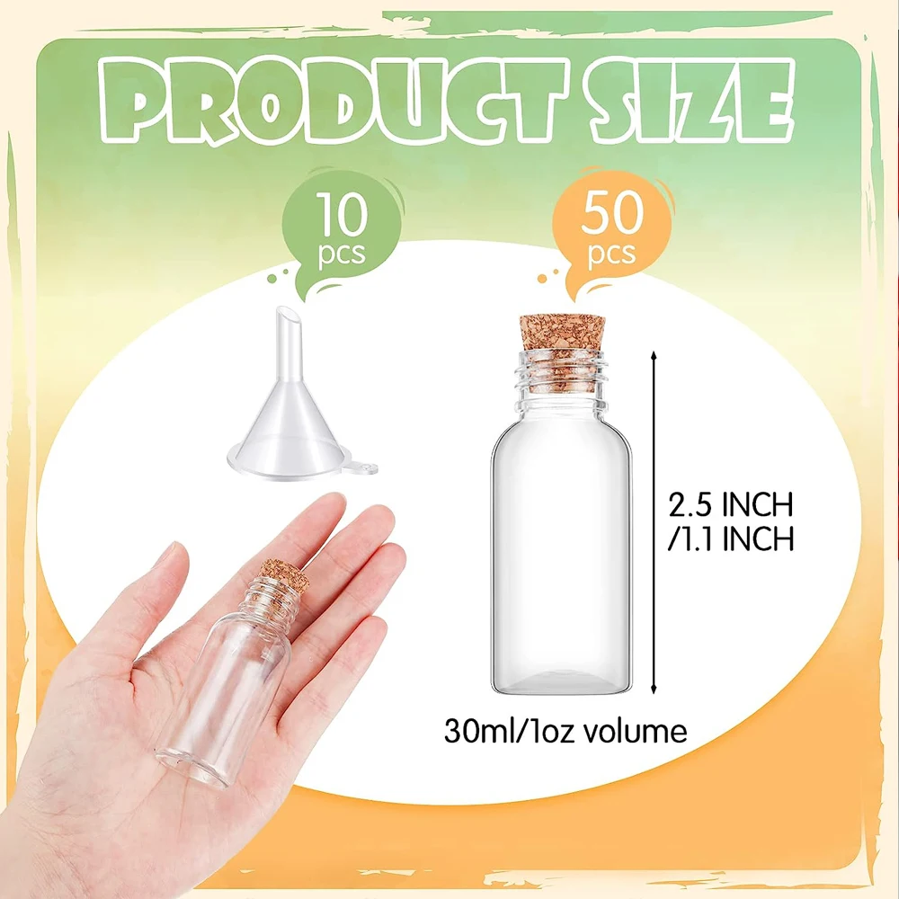 1 oz Plastic Sand Art Bottles with Cork Stoppers Mini Vial Potion Bottles Cork Bottle with Mini Funnel for Filling Bottles