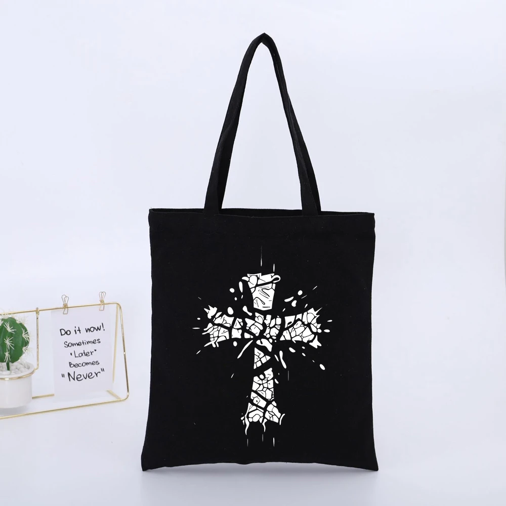 Cracked Cross Graphic Canvas Tote Bag, Urban Style for Daily Shopping and Casual Outings