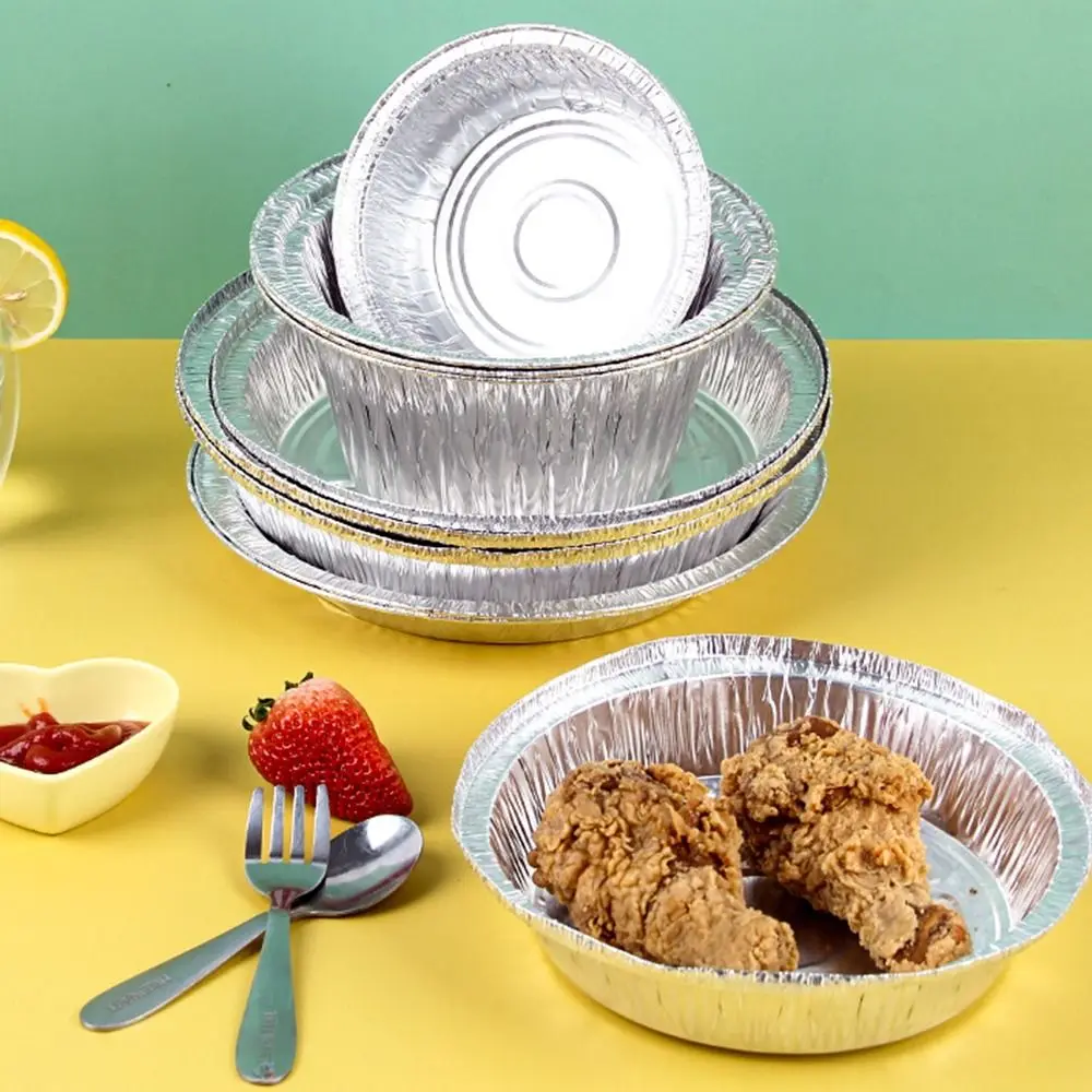 50Pcs Portable Silver Foil Trays Round Disposable Foil Flan Dishes Non-Stick Foil Food Container Baking