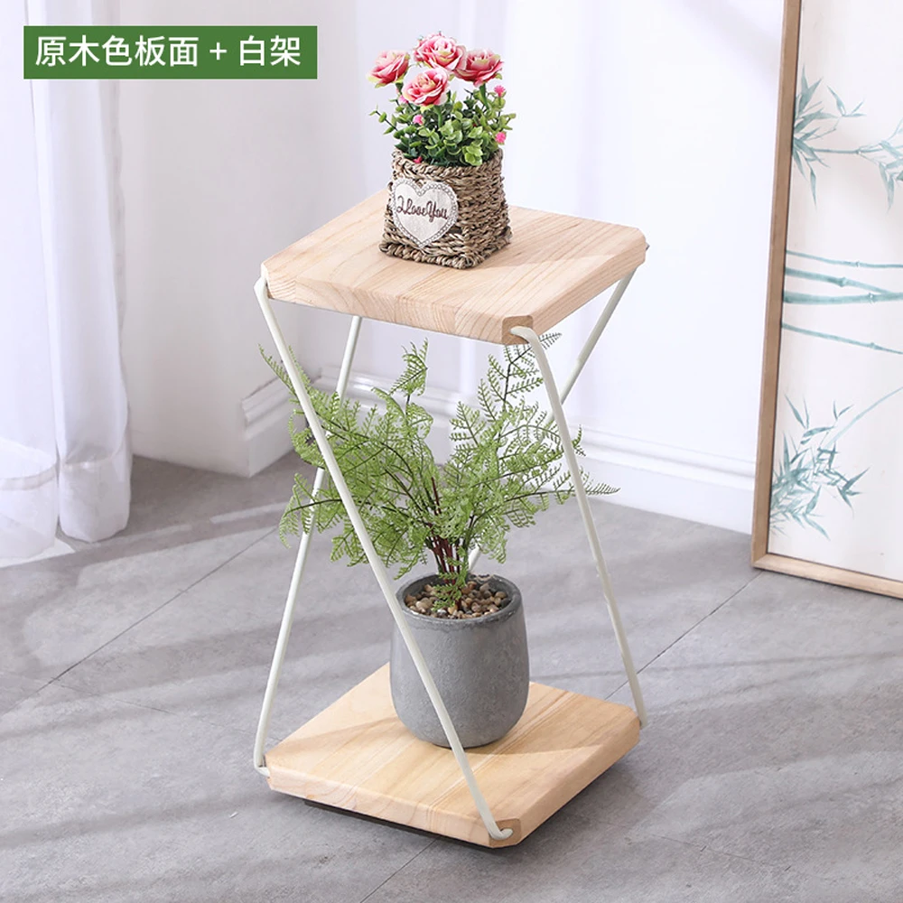 Iron Flower Rack, Wooden Shelf, Balcony, Minimalist Floor Standing Plant Rack, Indoor Living Room, Double Layer Succulent Potted