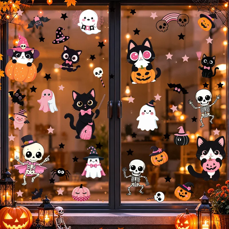 Sweet Pink Ghost Skull Cat Halloween Static Glass Decal, Window Sticker, Cute Spooky Ornament for Shop Home Window Scene Decor