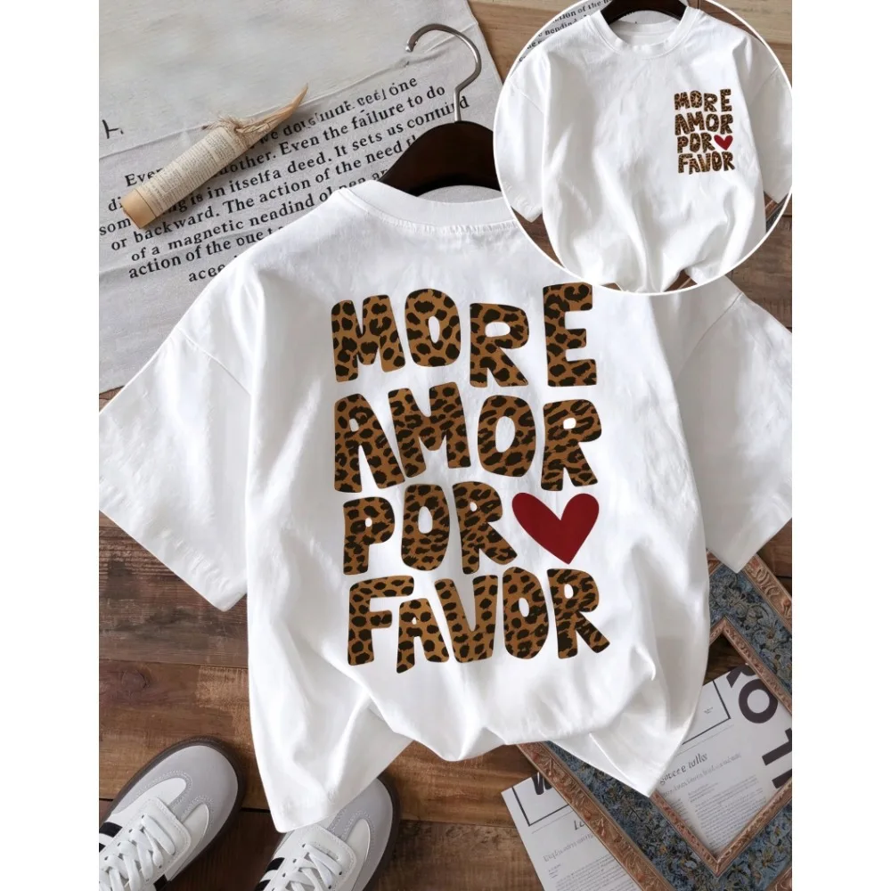 More Amor Por Favor T Shirt Funny Leopard Heart Graphic Spanish Quote Unisex Harajuku Streetwear Loose Summer Short Sleeve Tops