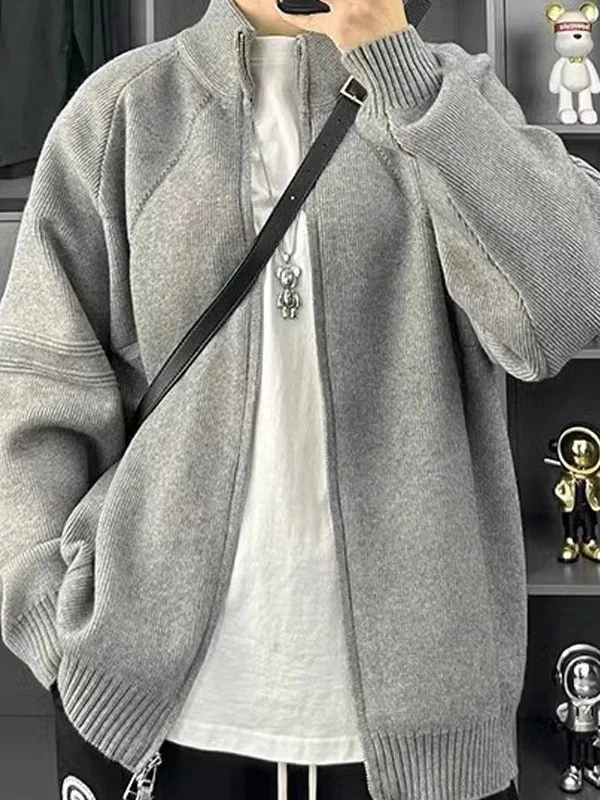 

Men's Knitted Open Cardigan Coat Double Zipper Loose Fit Stand Collar Warm Outerwear Casual American Sle Long Sve Jaet