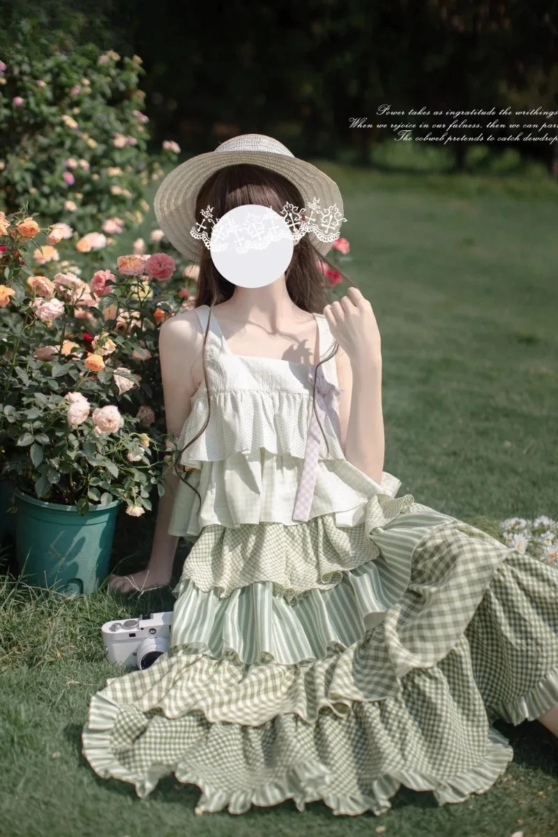 Sukienka Lolita Zielona Falbanka Tort Letnia Nowa Wakacyjna Słodka Dziewczęca Łączona Bez Rękawów Trapezowa Sukienka Midi