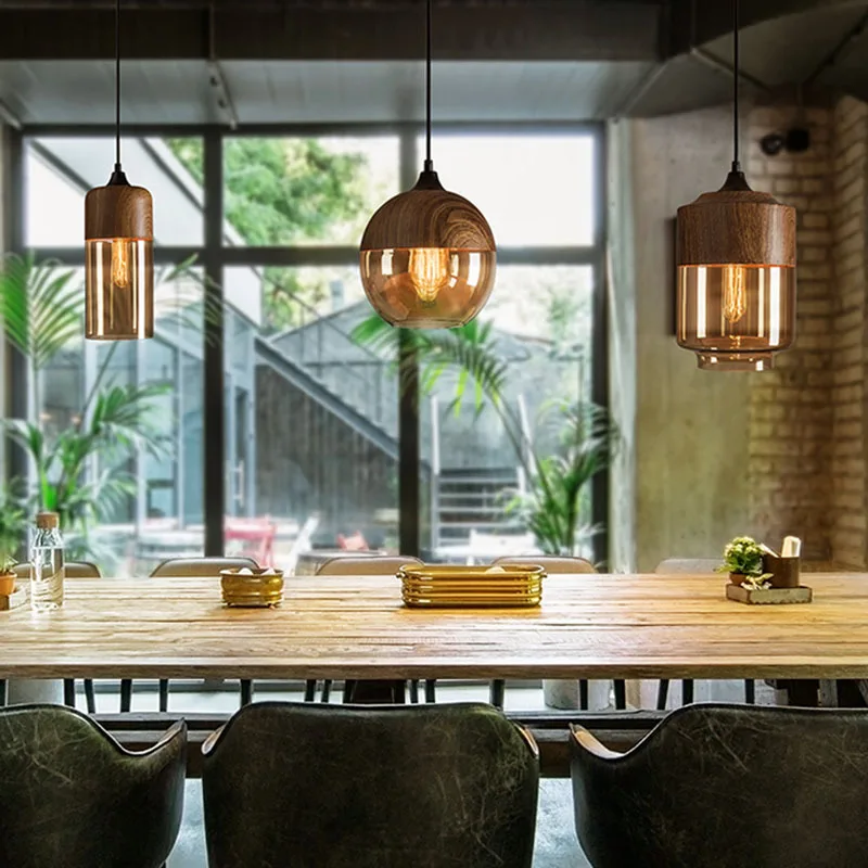 

Скандинавские светодиодные стеклянные подвесные светильники, современные креативные деревянные художественные светильники для спальни, столовой, гостиной, подвесные светильники цвета дерева