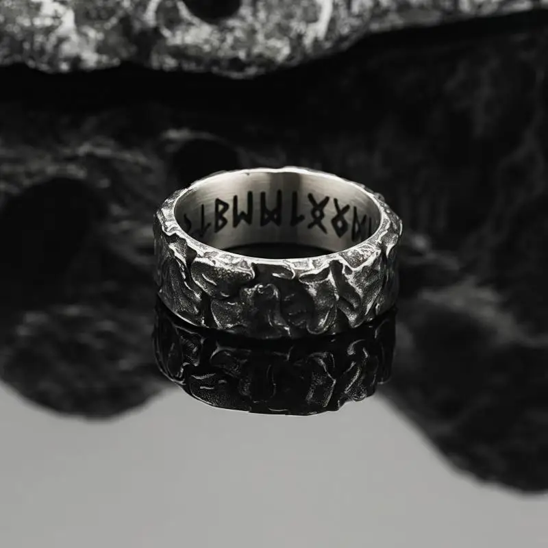 2024 New Arrival Unique Design Stainless Steel Viking Round Rock Ring Viking Rune Amulet Vintage Jewelry Gift