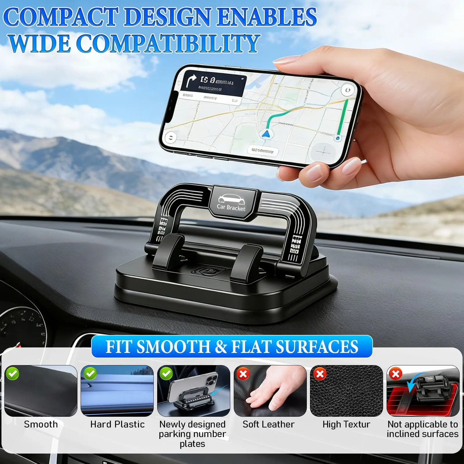 2-in-1 360° Rotatable Universal Car Phone Holder with Number Plate Dashboard Mount Easy Install Vehicle Mobile Phone Holder