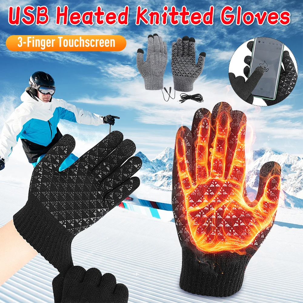 Guantes de punto con calefacción USB, guantes con dedos completos, guantes calefactables antideslizantes con pantalla táctil, guantes gruesos de ciclismo de invierno para hombres y mujeres