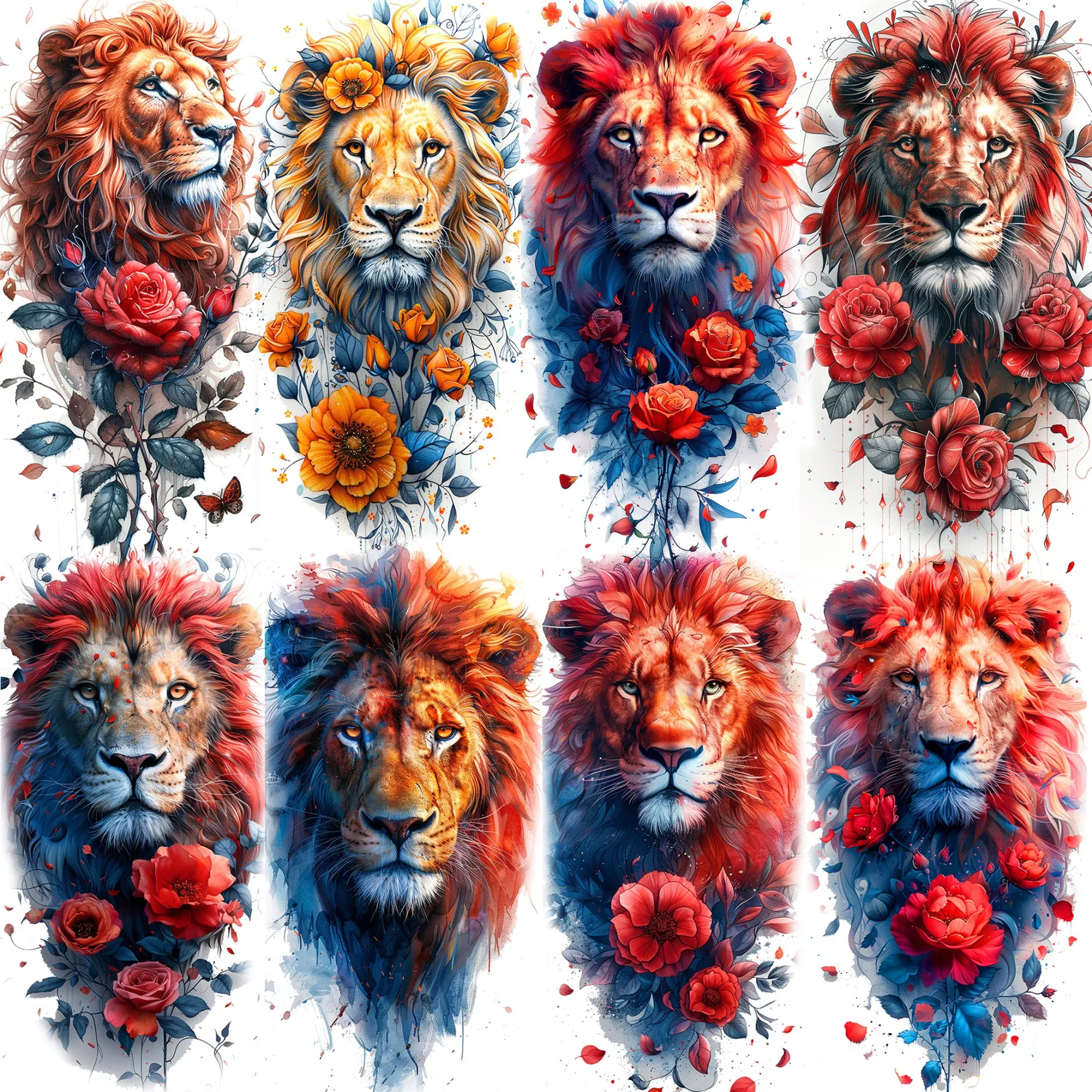 

1 Sheet Watercolor Rose Flower Lions Temporary Tattoos For Women Girls 3D Long Lasting Waterproof Realistic Fake Tattoo Stickers