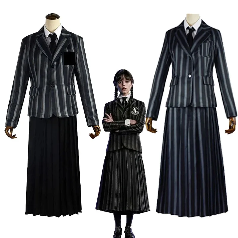 Disfraz de Cosplay de Anime Nevermore Academy, uniformes escolares a rayas para niñas y niños, peluca para fiesta de Halloween, vestido elegante; 2'k, 8;c'