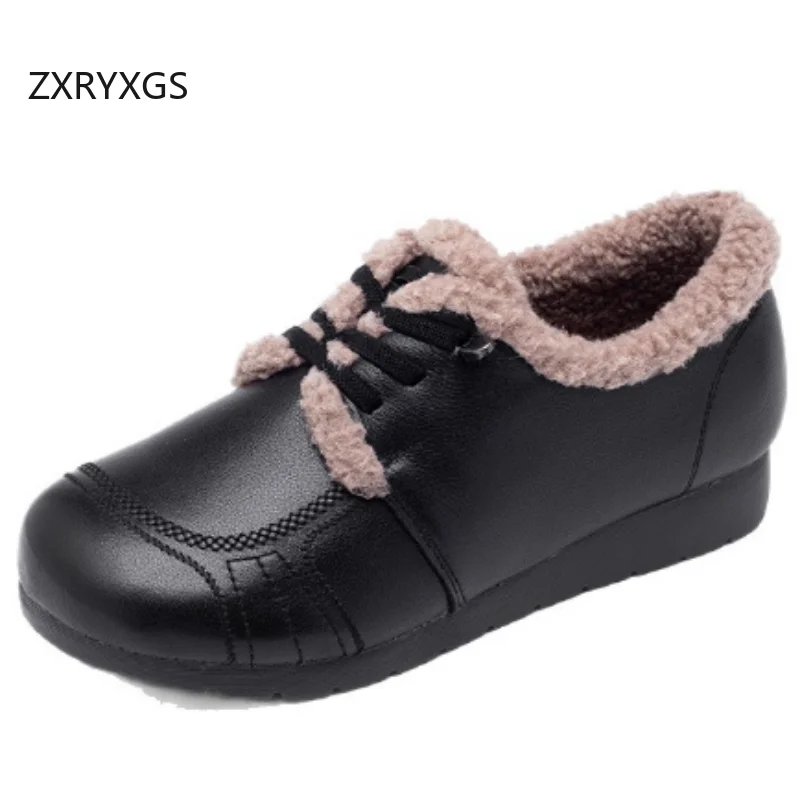 

ZXRYXGS Premium Real Cowhide Lace-up Winter Flats Warm Sneakers Snow Shoes Women Real Leather Soft Sole Cotton Shoes Tide 2025