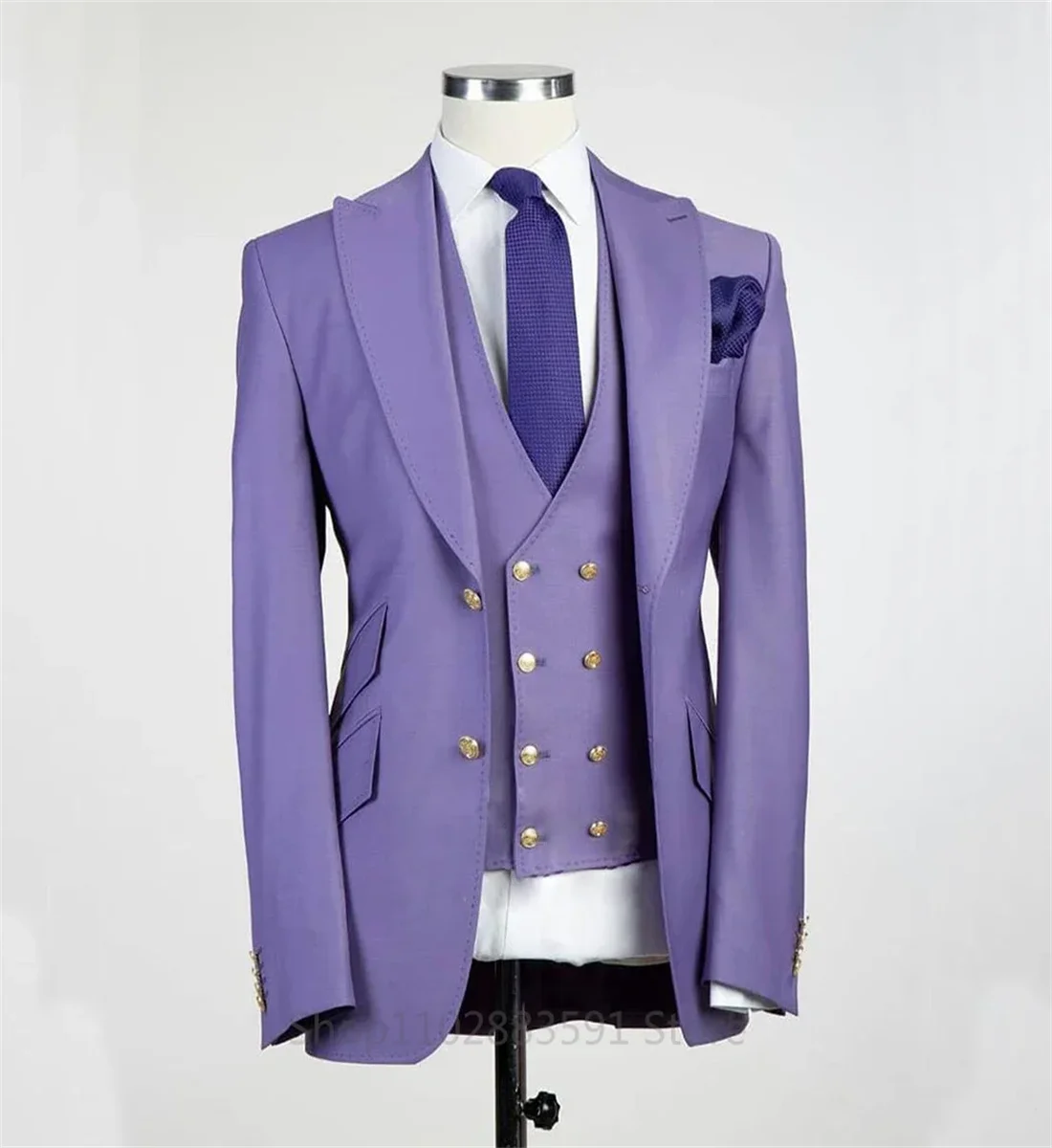 3 Pieces Jacket Sets Peak Lapel Purple Men Suit Double Breasted Vest Tuxedos for Wedding Groomsmen Suits Men (Blazer+Vest+Pant)