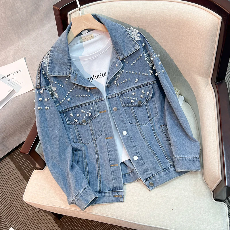 

Стильные женские джинсовые куртки с жемчугом и бисером, новинка весны и осени 2025, однобортное свободное женское джинсовое пальто с длинными рукавами