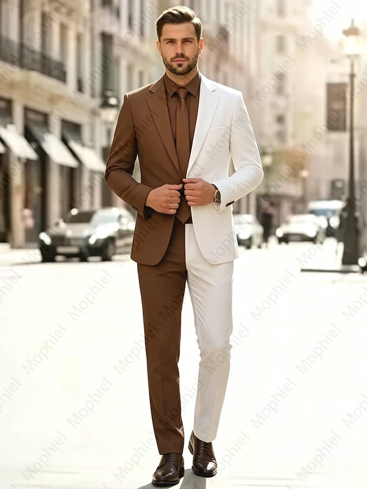 Fashion Men's Suits Notched Lapel Single Breasted 2 Piece Set Contrast Color Tuxedo Slim Fit Prom Party Blazer Jacet Pants