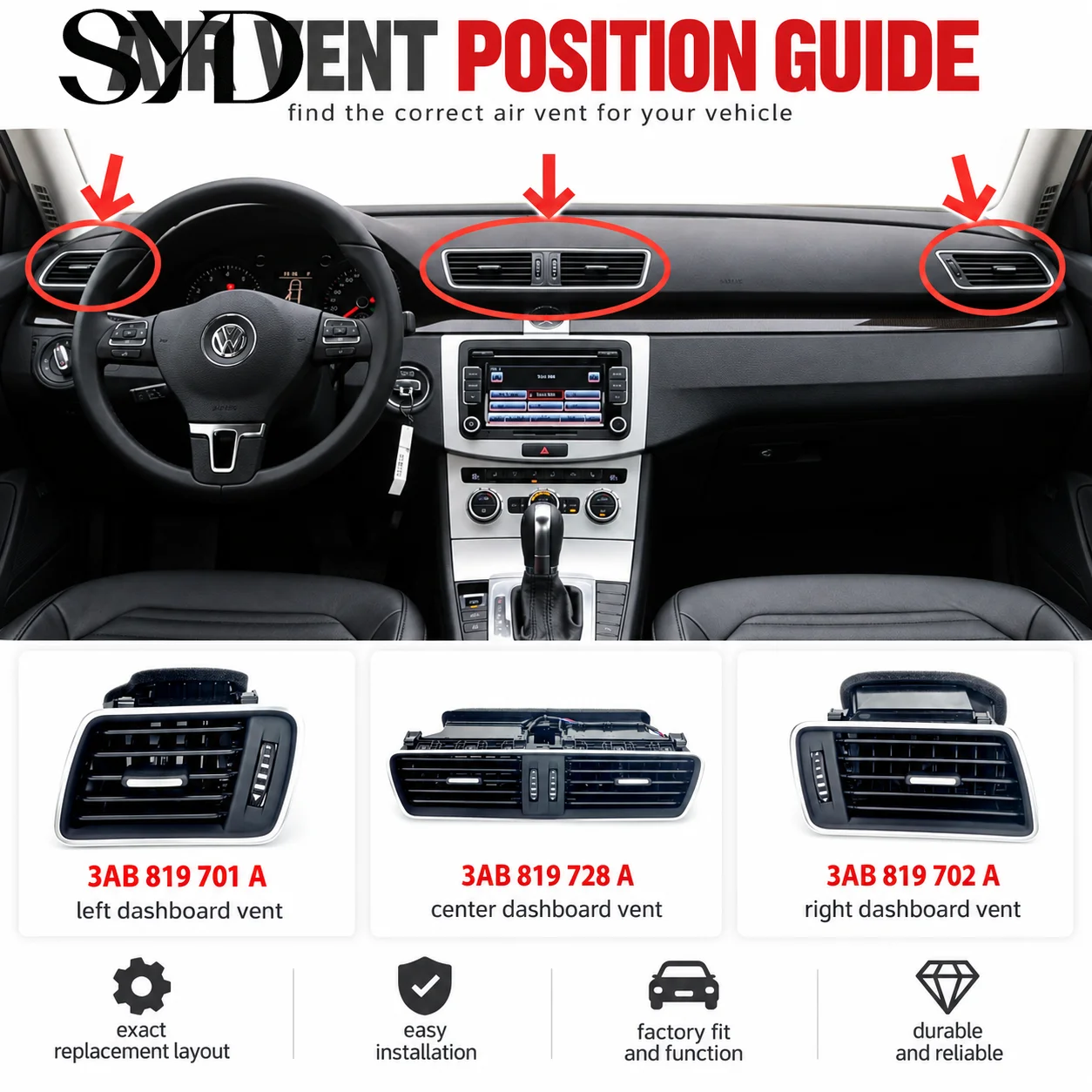 Center Dashboard AC Air Vent Outlet Grille Louver Assembly OE 3AB819728 Air Conditioning Vent For VW Magotan CC Passat B7