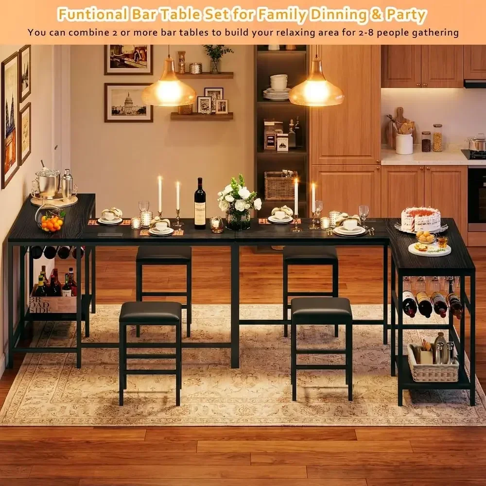 Black 63'' L-Shaped Dining Set with Storage, Cup Holders, Wine Rack & 2 Cushioned Stools