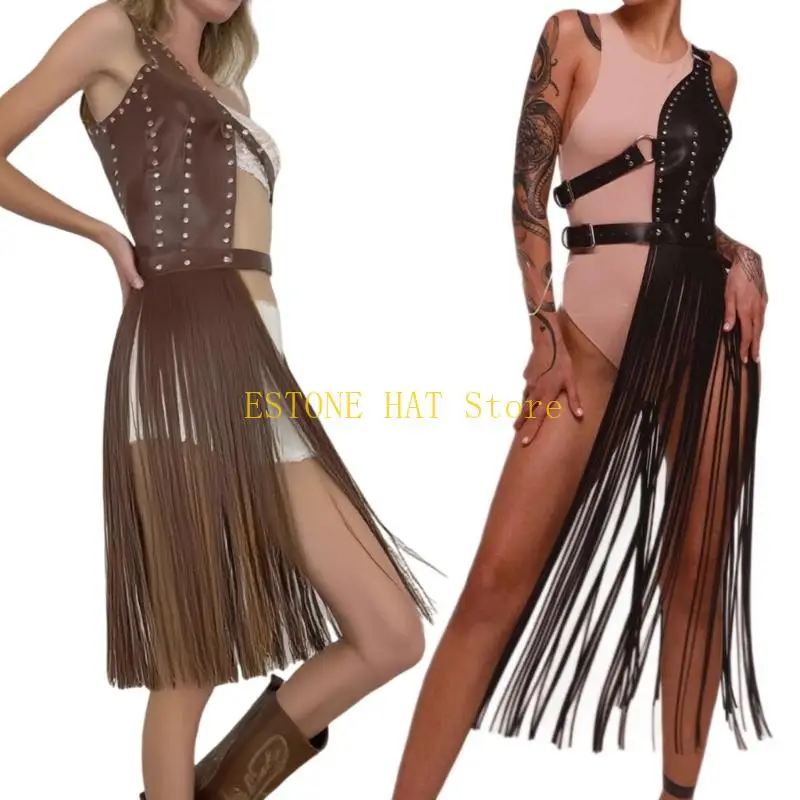 

49MF Punk Rivets Studded Decorative Belt For Party Outfit Flexible PU Leather Fringed