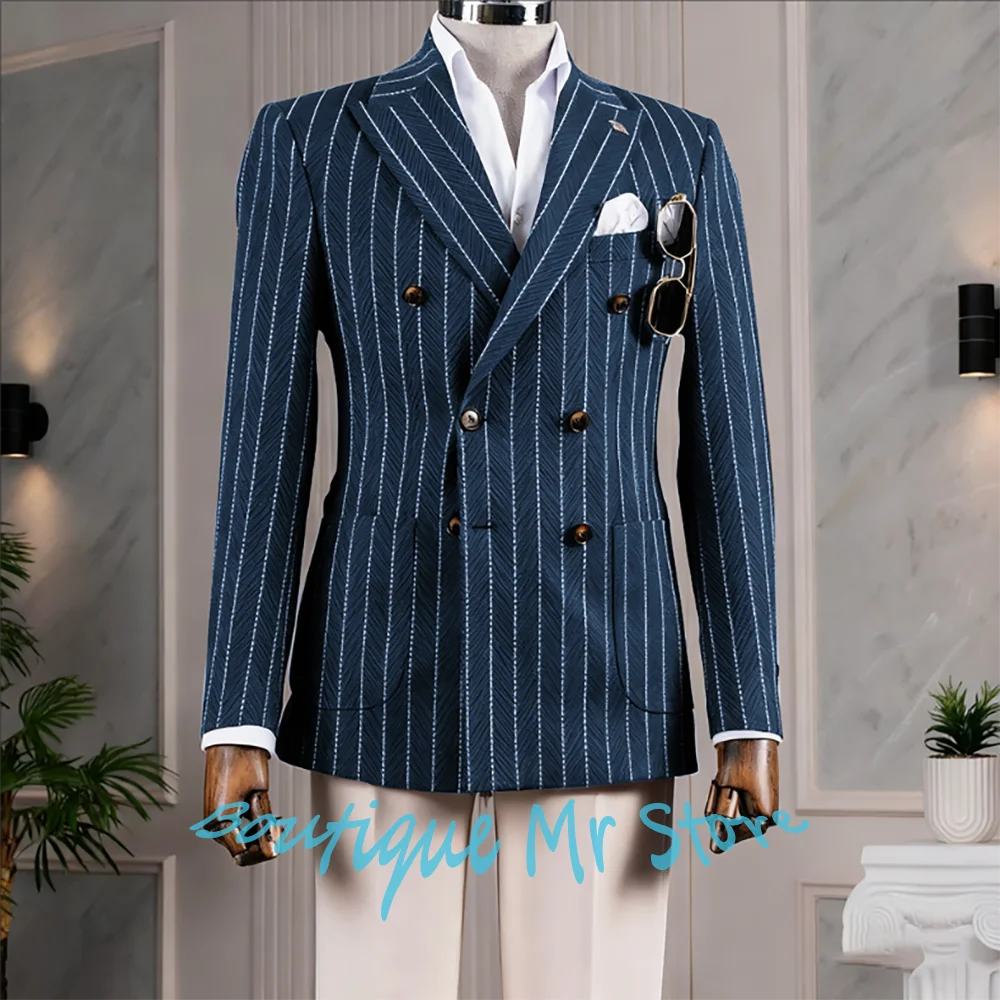 

Luxury Men's Herringbone Pinstriped Suits Elegant Double Breasted 2Piece(Jacket+Pants) Set Formal Evening Banquet Party Costume