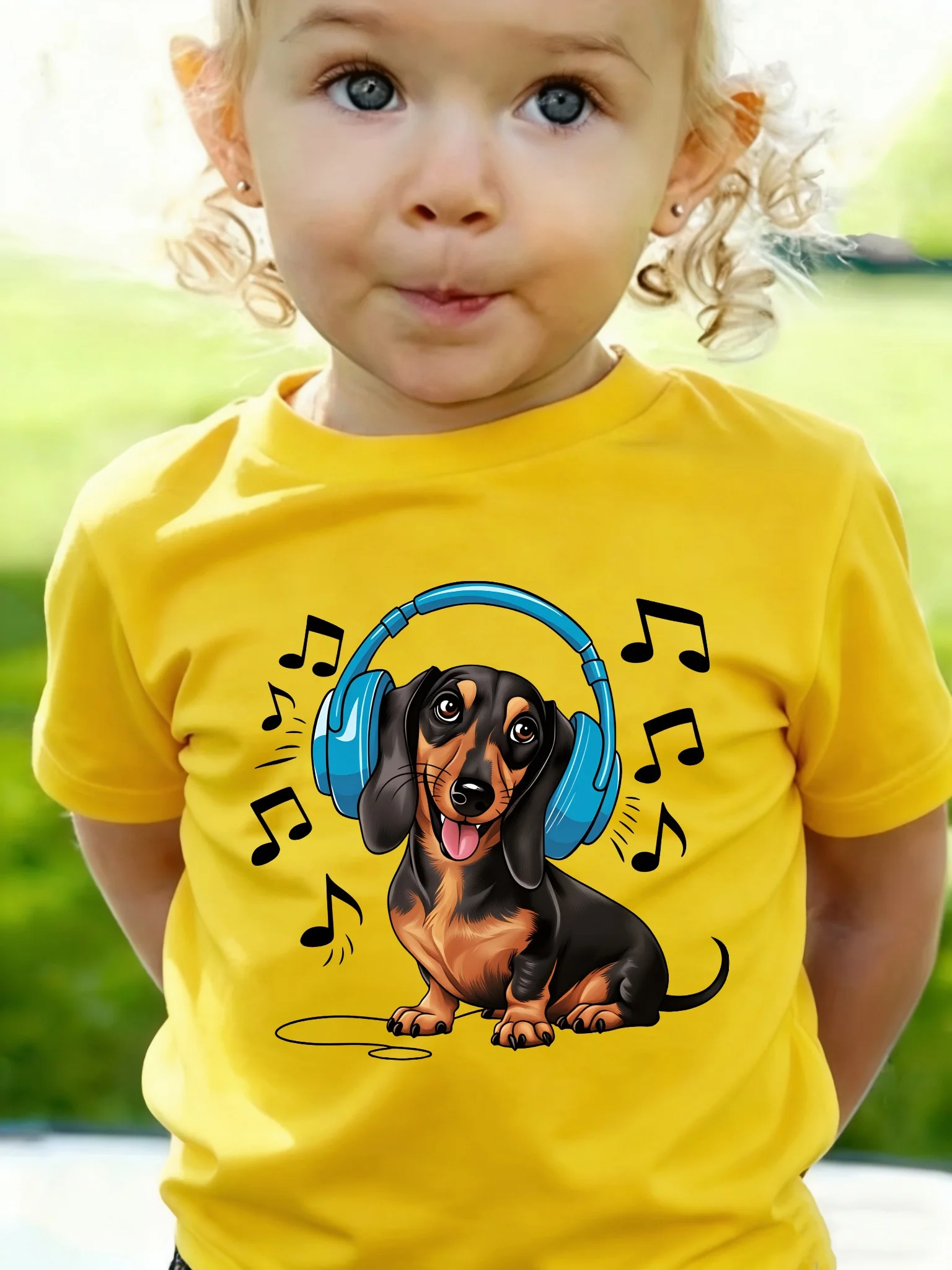 Kids Boys Girls Matching Tee Cute Dachshund Dog Headphones Music Note Graphic Short Sleeve Crew Neck Toddler Casual Outfit