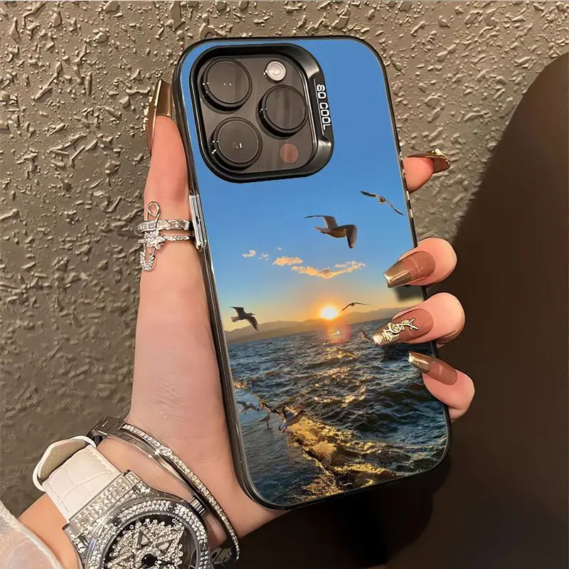 美的な夕焼けとカモメの海景 iPhone 16 15 14 13 12 11 PROMAX XSXR 7 8Plus用耐衝撃スマホケースカバー