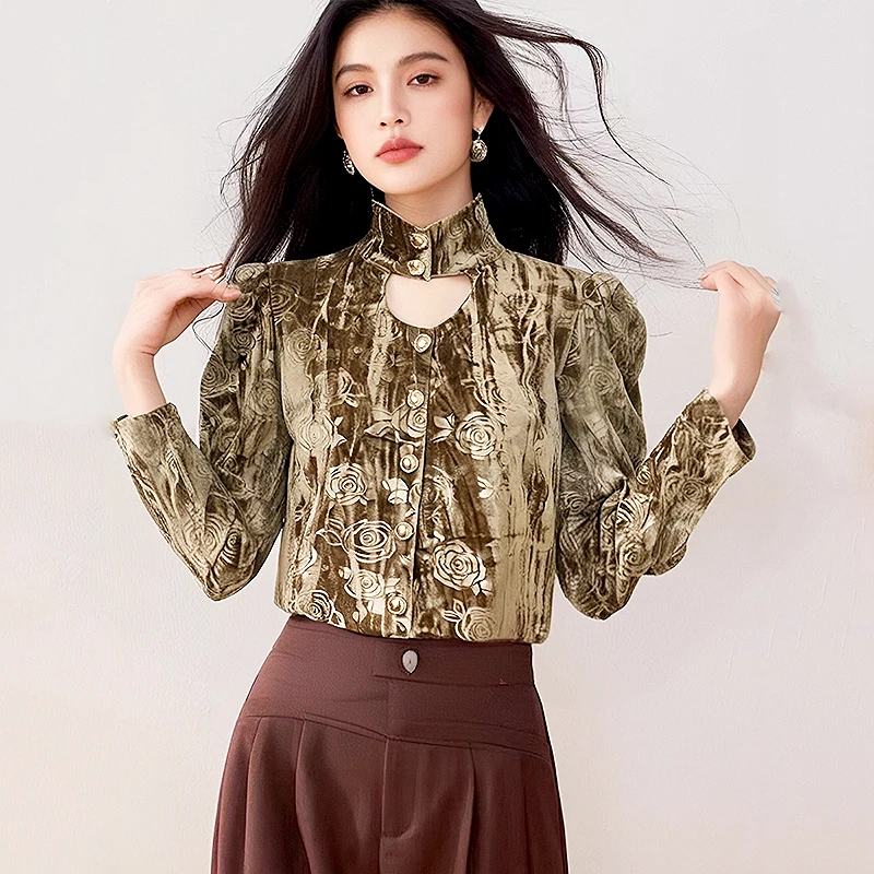 

Spring Autumn Fashion Velvet Hollow Out Slim Women's Shirt & Blouses Full Sleeve Top Women Clothes Ladies Tops Blouse SL006