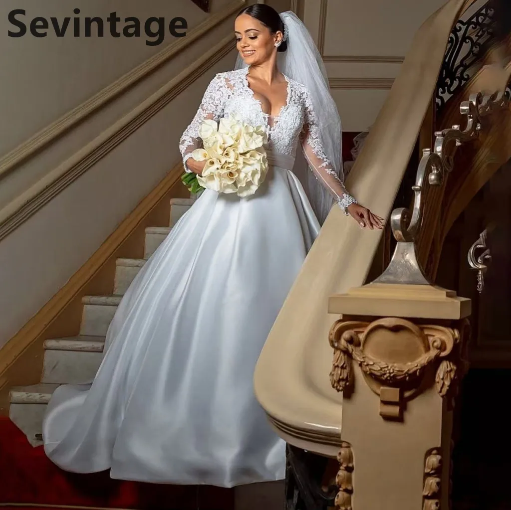 Sevintage 2025 Elegant Ball Gown Satin V Neck Long Sleeve Wedding Dress Customized Bridal Gowns Robe de mariée