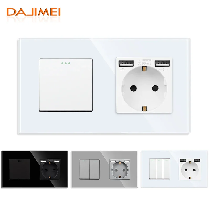 DAJIMEI EU RU Standard Button Switches and Dual USB Electrical Sockets 1/2/3gang 1/2way Light Switches with Crystal Glass Panel