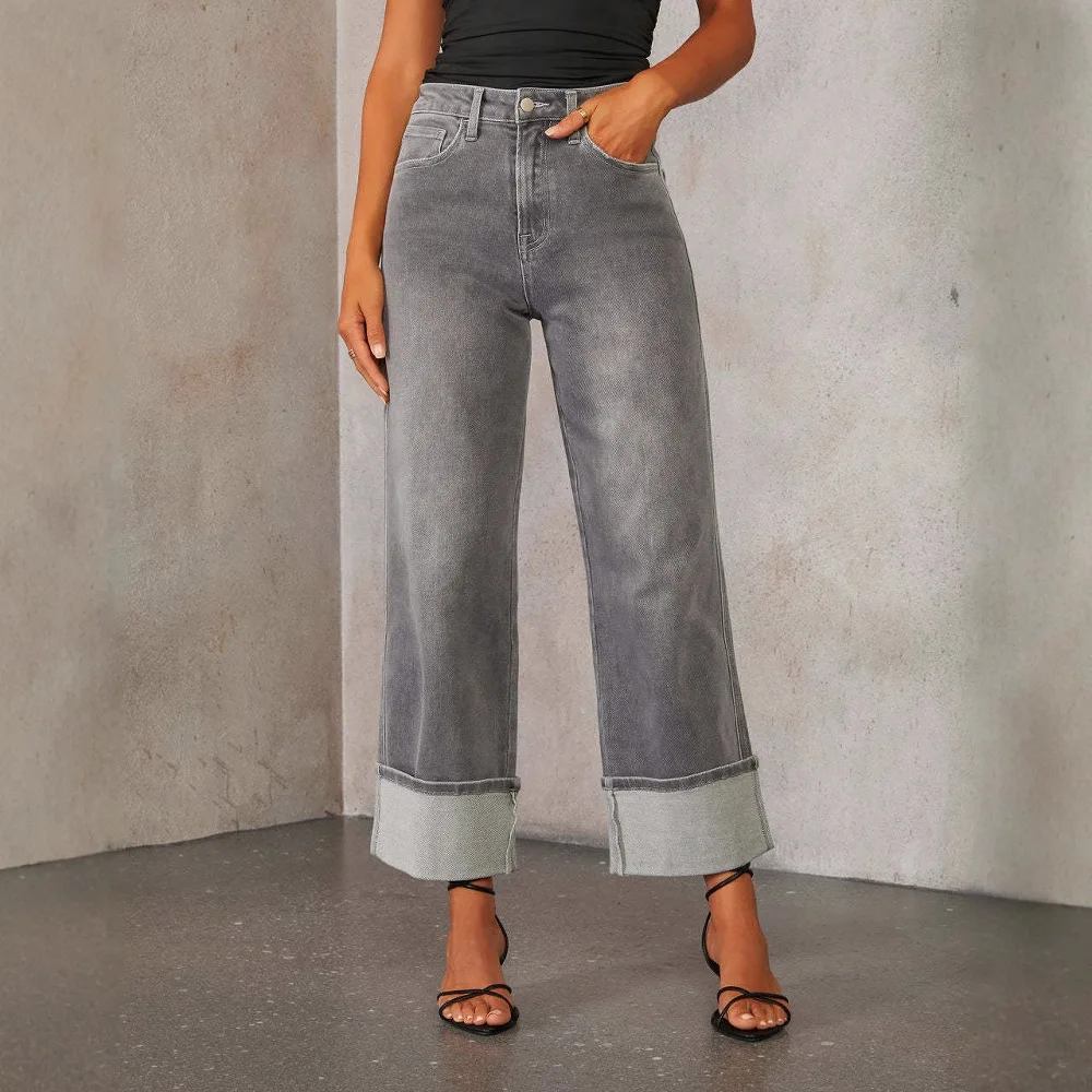 Spring 2025 Women's High Waist Straight Leg Denim Jeans Elastic Cuffed Long Pants Vintage Quality Fashionable European Style