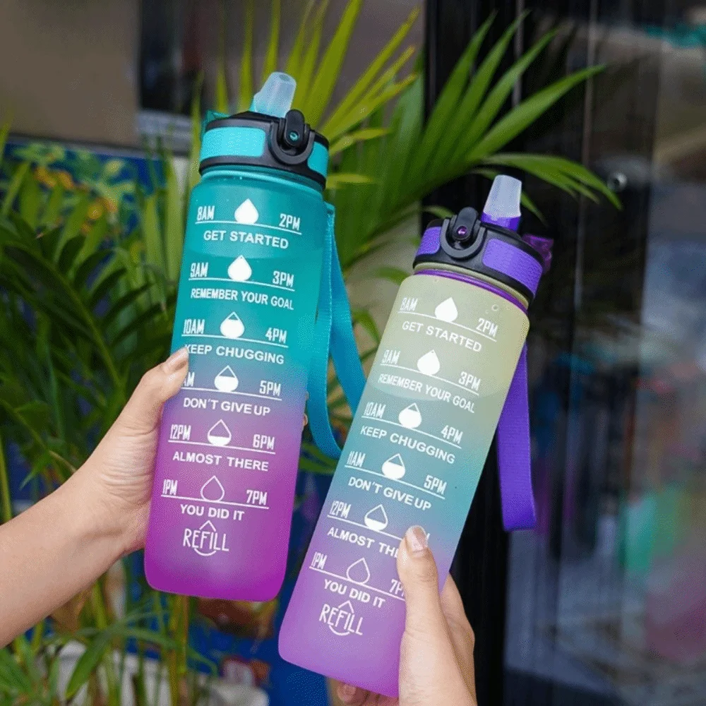 Large Capacity Straw Sports Water Bottle Leak Proof Locking Flip Cover Straw Sports Water Kettle 1000ML Gradient Color