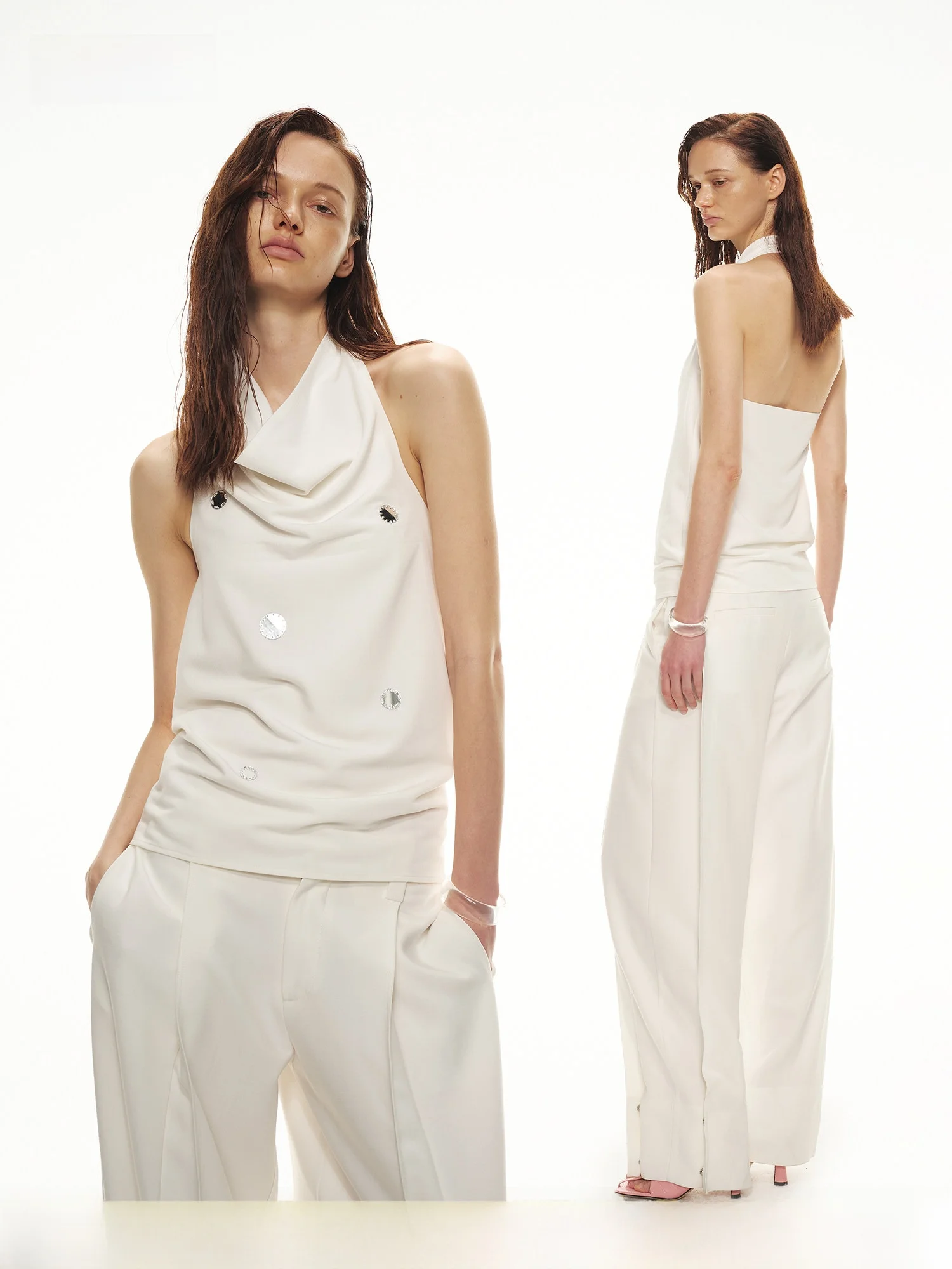 PRRP Simple Hanging Neck Hand Sewn Lens Neckless Sleeveless Slimming Top Vest Pure White Loose Fit Women's Summer Outerwear