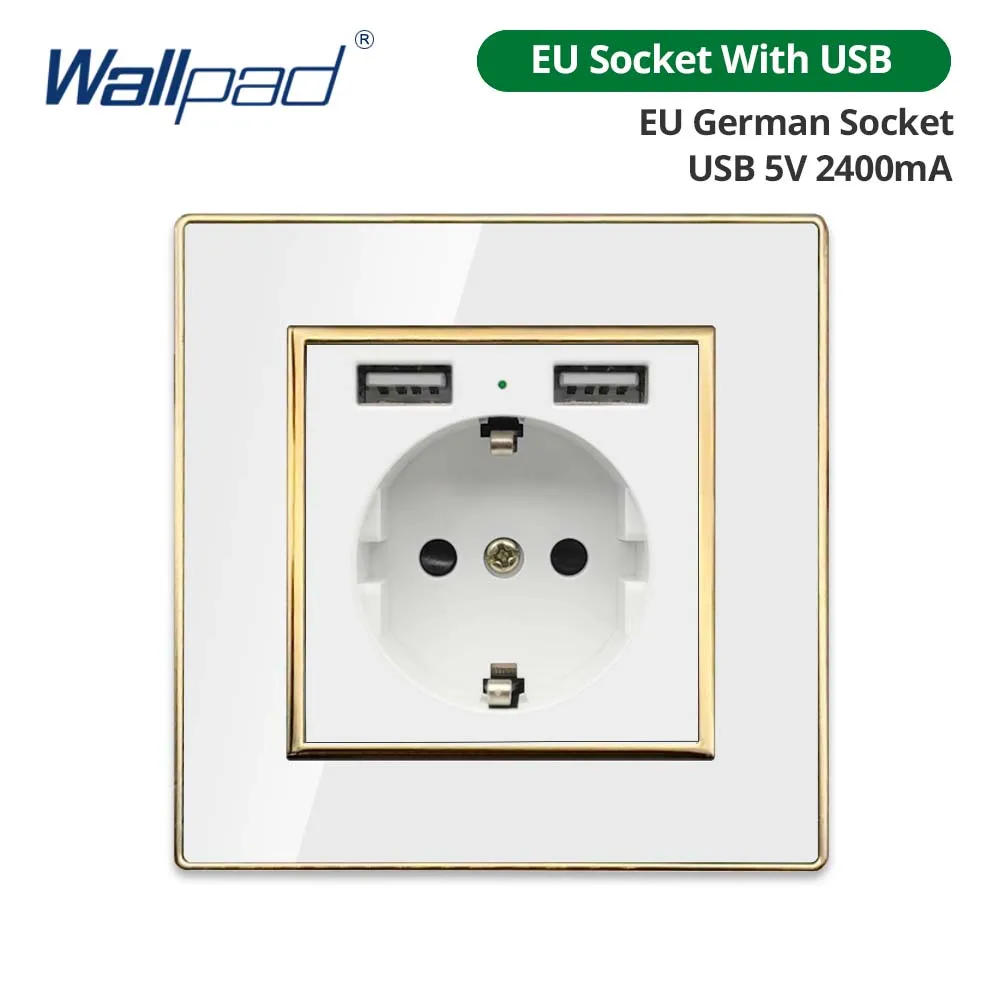 Wallpad Weißes Acryl-Panel mit goldenem Rand, 2-Wege-Wandlichtschalter mit LED-Anzeige, EU-Steckdose mit USB