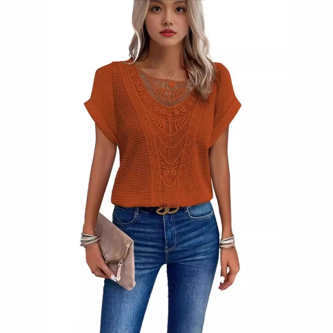 Spring Summer 2025 New Independent Station Lace Splicing Short Sleeve T Shirt Cross Border Women's Loose Fit Polyester Fiber