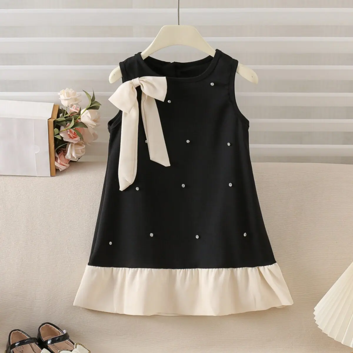 Girls Dress Summer New Sleeveless Beaded Skirt Children's Black Dress Princess Dress Dresses 2-8Years