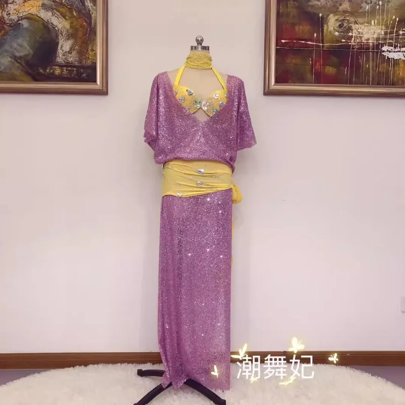Trajes de dança do ventre personalizados, traje de performance, vestido de grupo, rosa brilhante, robe folclórico, vestidos longos para mulheres