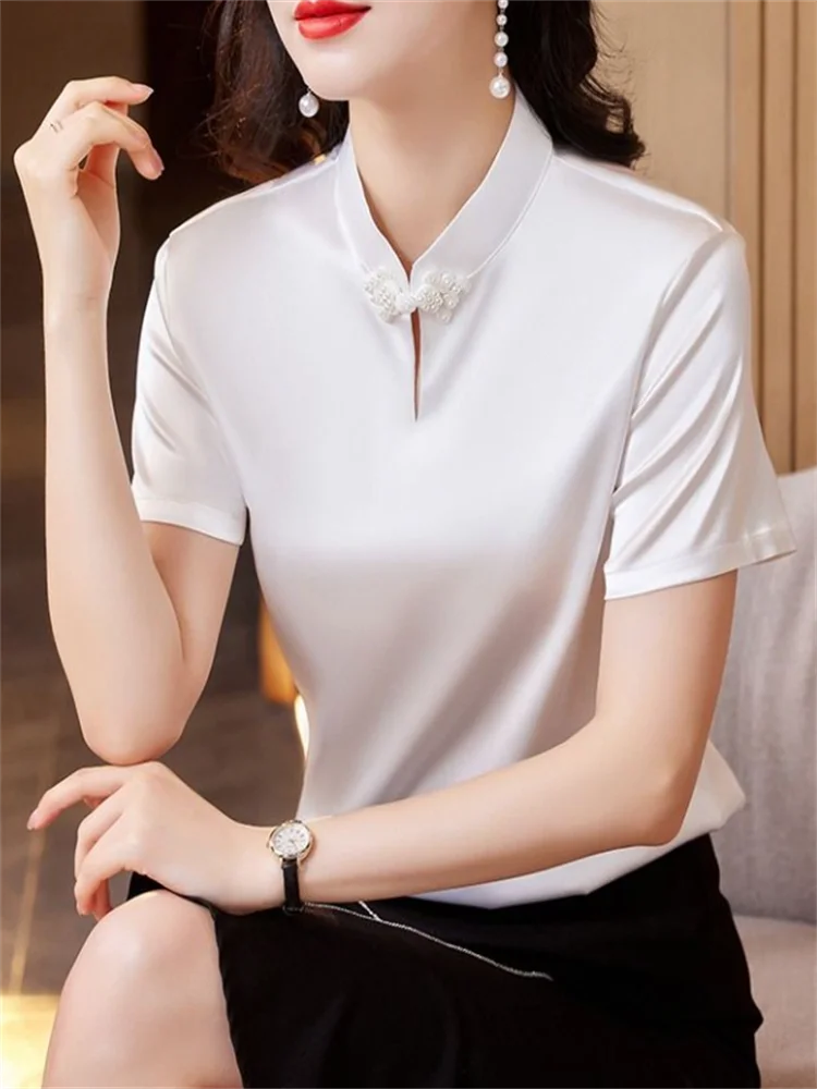 Satin Blouse Women Pullover Short Sleeve Blouses Silk Top Elegant Ladies Tops Chinese Plate Buckle Summer Female Clothing Shirt