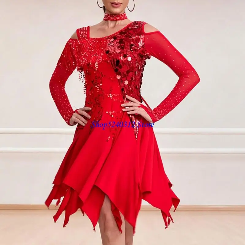 634C Profesjonalna sukienka do tańca latynoamerykańskiego, z cekinami i frędzlami, z długim rękawem, poliestrowa, na występy i