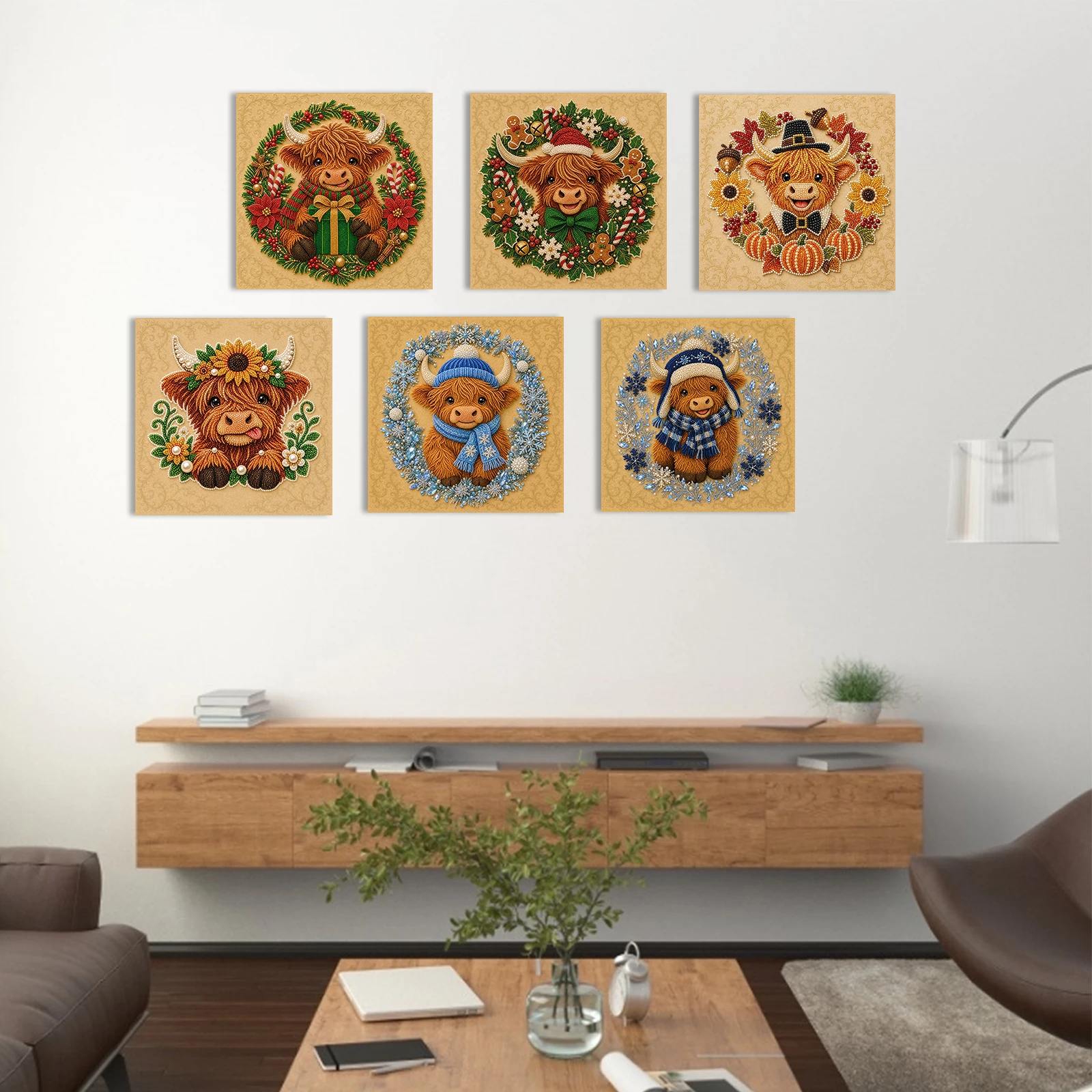 Framed Pearl Painting Kit Cute Highland Cow DIY Self-Adhesive Bead Canvas Wall Art 7.87x7.87in - view 3