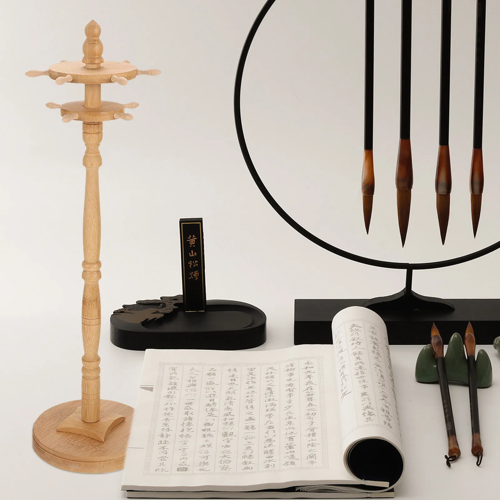 Sturdy Wooden Calligraphy Brush Holder Rotating Design Brush Pen Hanging Rack for Vertical Drying Home Office Study Room Display