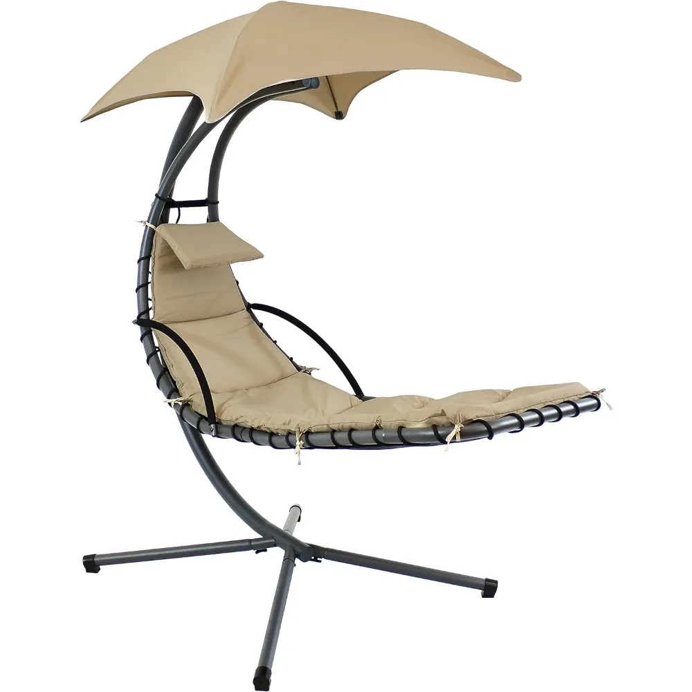 with Umbrella Canopy - Curved Steel Hammock Lounge Chair with Cushion and Pillow - Sunnydaze Floating Chaise Lounger Swing Chair