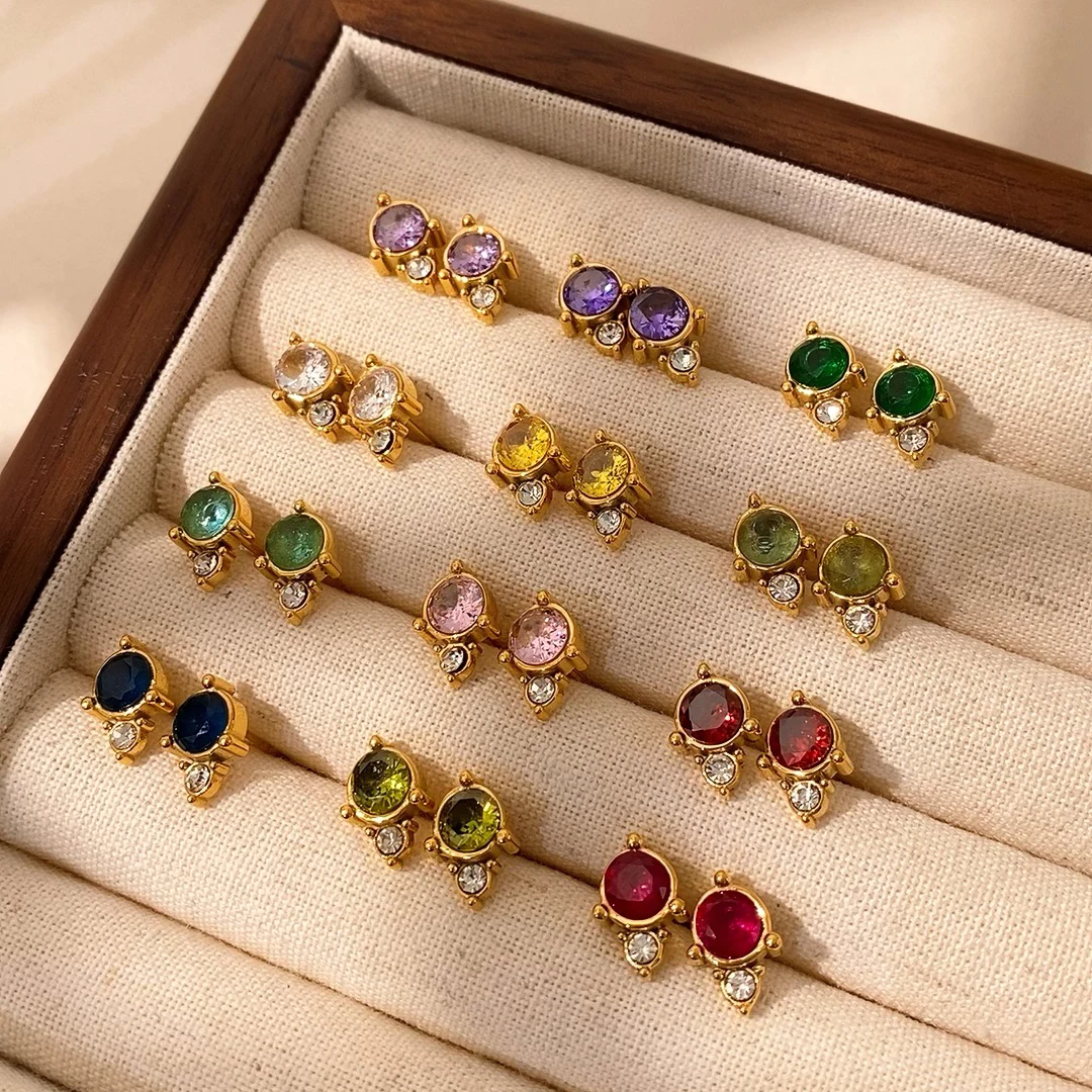 

CARLIDANA Luxury Stainless Steel Non Tarnish Colorful Rhinestone CZ Cubic Zirconia 12 Birthstone Stud Earrings for Women