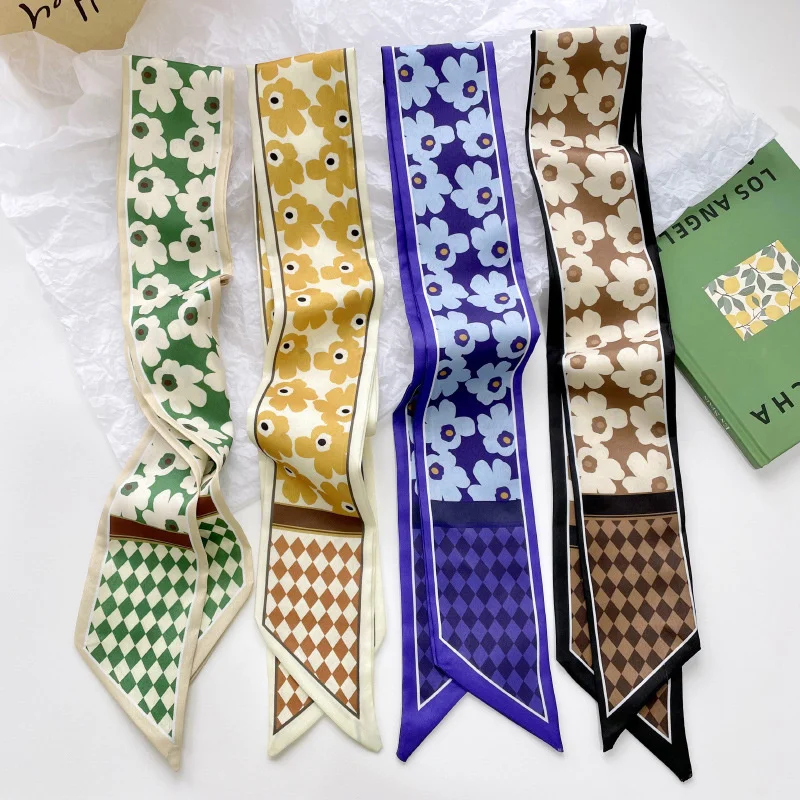 Elegant Skinny ผ้าพันคอผ้าไหมเช่น Neckerchief กระเป๋าถือ Handle ผมห่อผู้หญิง100% โพลีเอสเตอร์ซาตินผ้าไหมนุ่มเงางาม