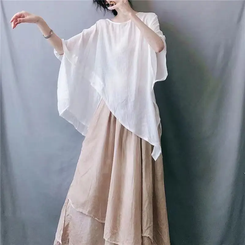 Minimalist Draped Asymmetrical Hem Batwing Sleeve T-Shirt Silk Linen Thin Loose Cover up Sun Protection Casual Summer Top