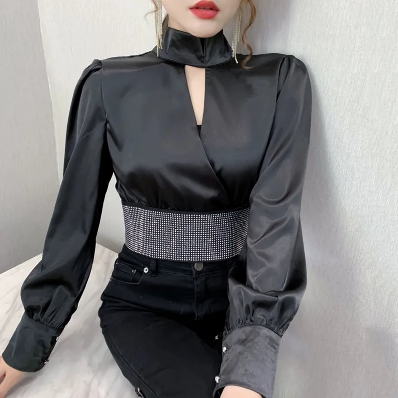 Chest Hollow Cutout Tops Women Korean Trendy Long Puff Sleeve Shirts Stand Neck Shirts Satin Silky Rainstone Luxury Tops Female