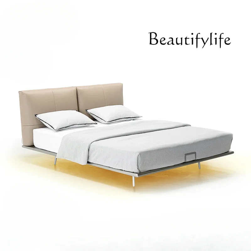 Italian minimalist steel frame suspension bed first layer cowhide leather bed flush edge bedroom high-end atmosphere