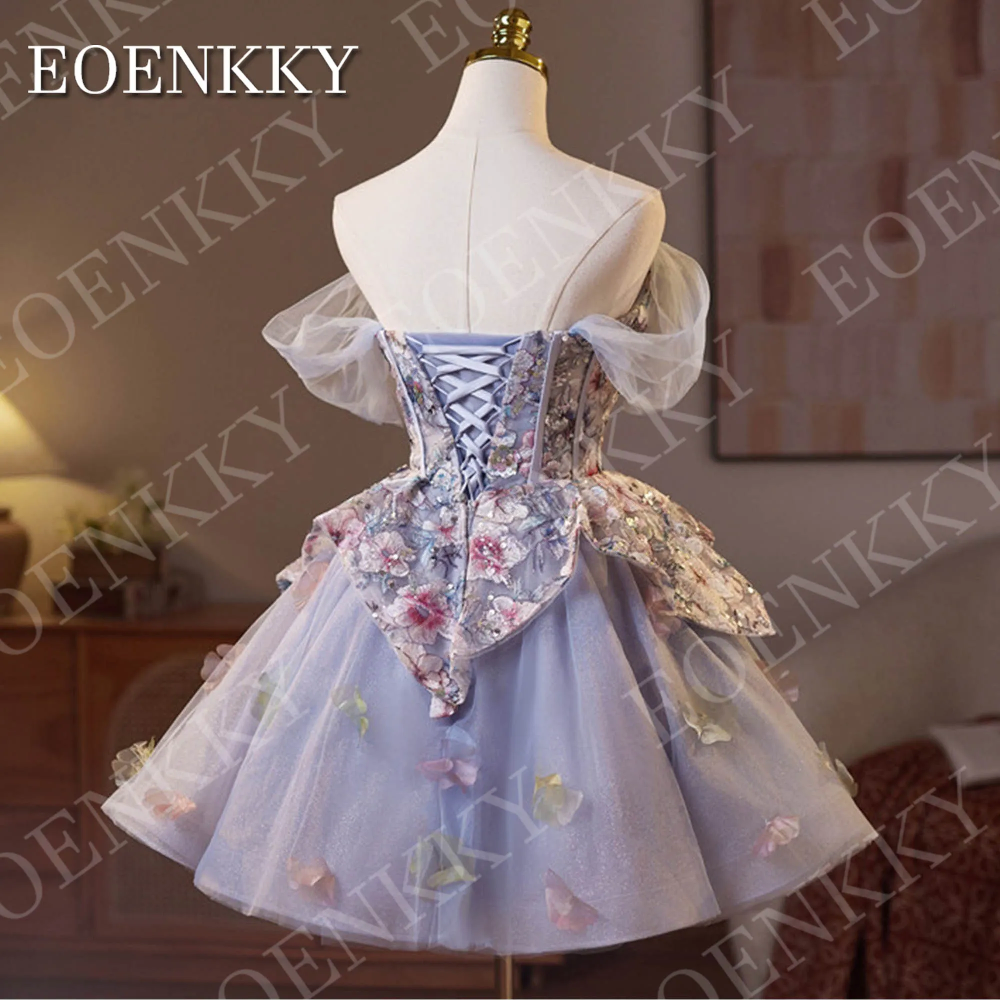 EOENKKY abiti da ballo corti viola chiaro per donna Glitter con spalle scoperte ricamo floreale con paillettes abito da festa gonfio personalizzato Abito da ballo corto viola chiaro per la donna Glitter Off Spalla Flor