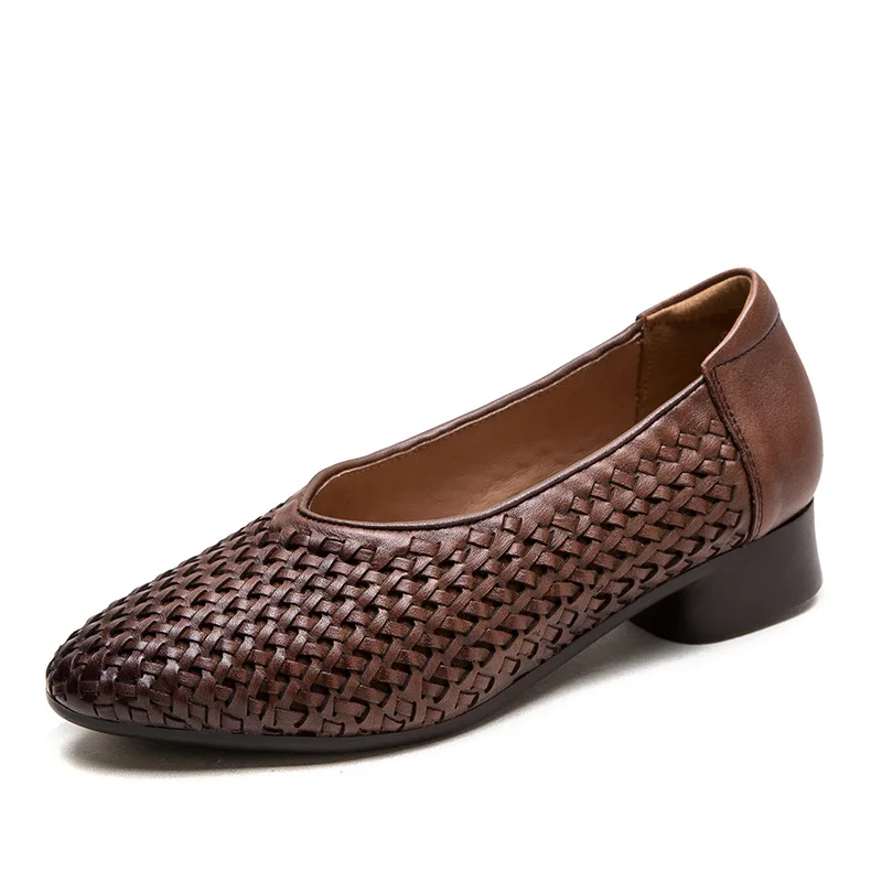 

Retro Style Handmade Weave Genuine Leather Loafers Women Shallow Small Round Toe Slip On Thick Heel Casual Ladies Shoes