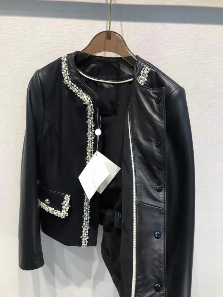 Office Lady Elegant Genuine Leather Jacket Bead Shiny O-Neck Single Breasted Real Sheepskin Long Sleeve Coat Classy Outerwear